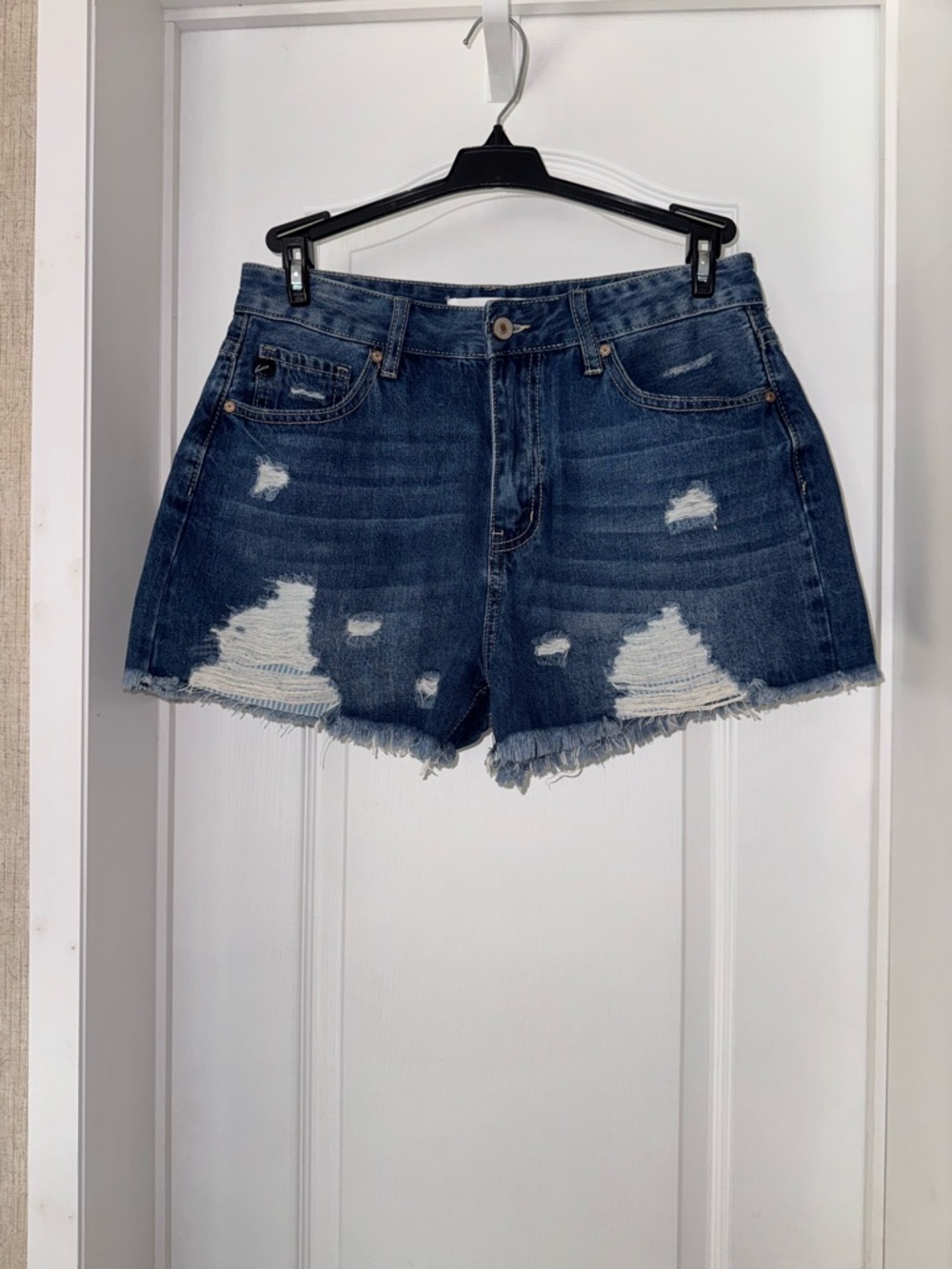 KanCan Dark Blue Distressed Denim Shorts with Frayed Hem